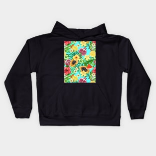 Tropical mix-fruit, flowers and leaves on blue Kids Hoodie